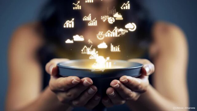 A woman holds a black bowl with glowing business graphics floating above, set against a blurred dark background. Digital icons represent data and charts.
