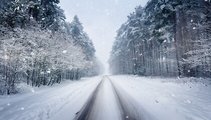 Road In A Winter Forest Covered With Snow Heavy Snowfall