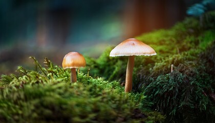 Two Types Of Small Mushrooms Growing Together On A Dark Mossy Forest Floor
