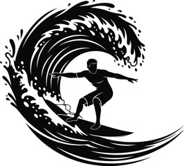 Surfer balancing on curling wave dynamic ocean artwork