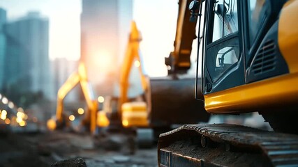 Group of multiple excavators working simultaneously faceless operators barely visible defocused large construction site background coordinated earthmoving operations industrial