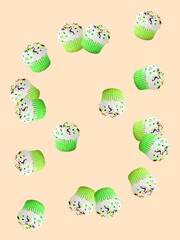 Collection of cupcakes with white frosting and colorful sprinkles, set against a light orange background. The cupcakes are in green liners.