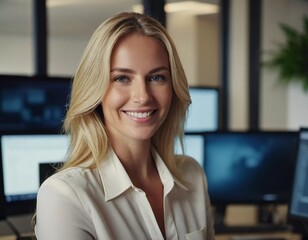 A cheerful American blond business woman poses confidently in her stylish office, showcasing her vibrant smile and determination as she navigates her professional world Generative AI