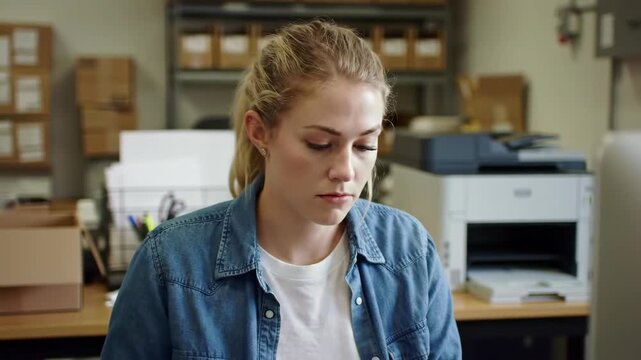 Young woman in blue denim shirt working at desk in office with natural light. Shelves of boxes visible. She is focused at her work.