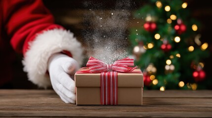 Santa claus hand presenting magical gift with christmas tree background