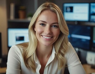 This cheerful businesswoman exudes positivity as she engages in important projects at her sleek workspace, with technology and creativity surrounding her Generative AI