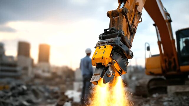 Hydraulic crusher attachment on excavator breaking concrete faceless operator controlling from defocused cabin above heavy duty construction equipment industrial crushing machin