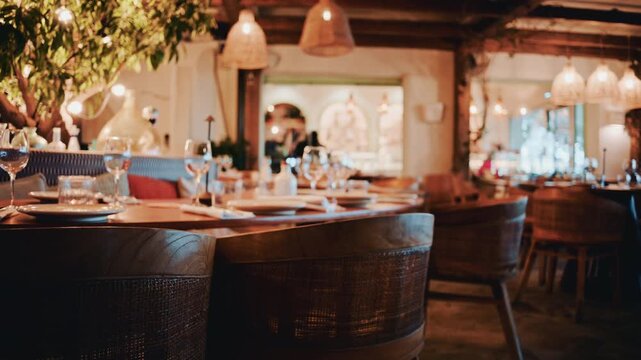 Cinematic shot of a cozy restaurant interior with warm lighting, wooden furniture, wine glasses and a refined table setup
