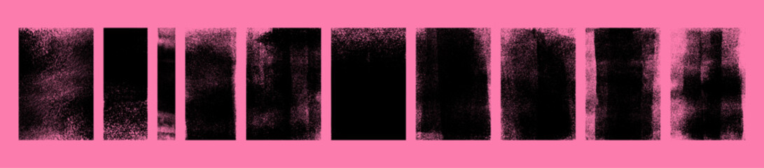 Grunge rolled ink stamp rectangle textures isolated on pink background. Rough eroded distressed letterpress vertical backgrounds collection. Set of linocut printing shapes overlays vector illustration