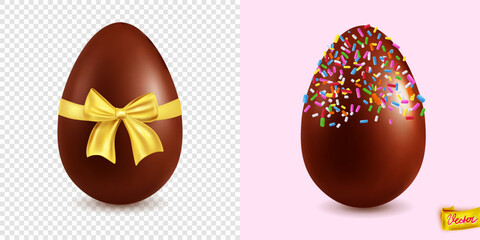 Vector illustration of a shiny chocolate Easter egg with realistic highlights, shown on transparent and white backgrounds, perfect for packaging, ads, and holiday decorations