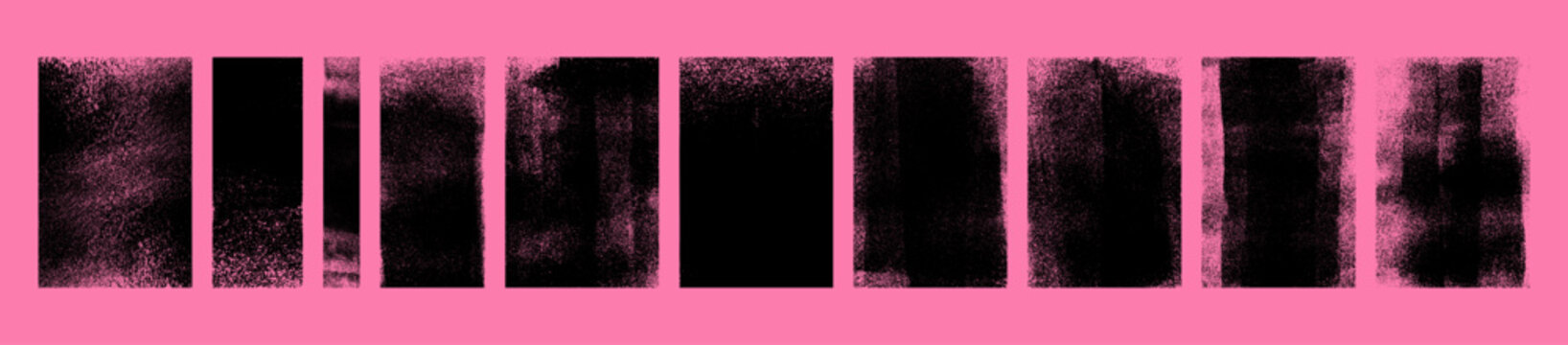 Grunge rolled ink stamp rectangle textures isolated on pink background. Rough eroded distressed letterpress vertical backgrounds collection. Set of linocut printing shapes overlays vector illustration