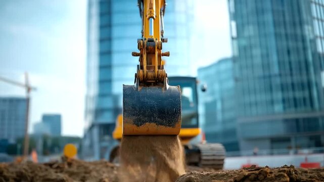 Large excavator positioned at active construction site faceless operator barely visible defocused building framework in background bucket attachment in foreground earthmoving