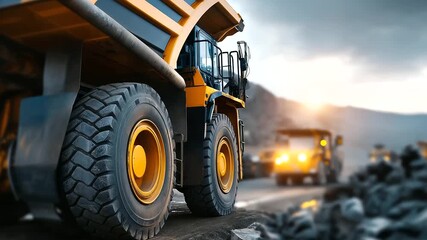 Massive yellow mining dump truck with enormous wheels faceless driver barely visible in high cabin defocused quarry landscape background heavy duty industrial vehicle mining