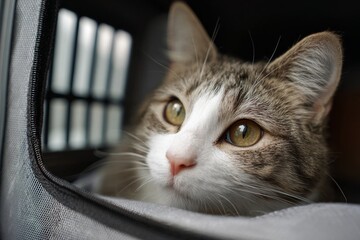 Close up portrait of a domestic cat with green eyes sitting calmly in a soft sided travel carrier