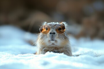 Naklejka premium A cute squirrel wearing sunglasses curiously peeks out from a snowy landscape. This image evokes a sense of whimsy and winter wonder.