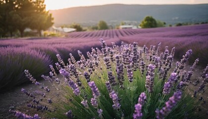 Naklejka premium Vibrant lavender flowers sway gently in the summer breeze, infusing the warm evening air with an intoxicating aroma as the sun sets behind distant hills Generative AI