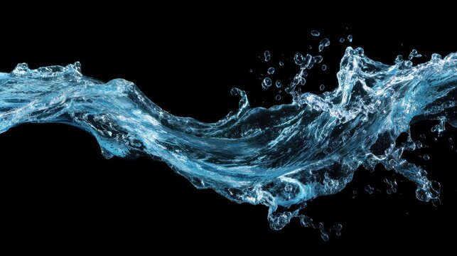 Water moves freely and splashes dynamically against a dark background. The scene focuses on the energy and flow of the water. Light reflects off the droplets adding a bright contrast.