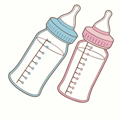 Charming pair of baby feeding bottles, one blue for a boy and one pink for a girl, ready for nursery design projects