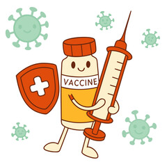 Adorable cartoon vaccine bottle heroically defends against cheerful virus germs with a giant syringe and shield