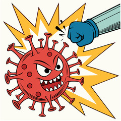 Fist punch defeats angry red virus cartoon with explosive impact, symbolizing fighting illness and winning.