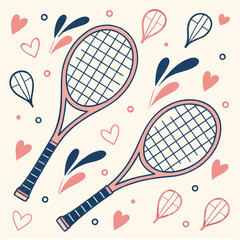 Charming pattern featuring two pink and blue tennis rackets with playful hearts and abstract shapes, perfect for sports apparel