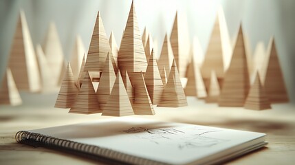 3d Render of Geometric Architecture With Layered Wood Triangles Forming an Urban Skyline Floating Above Sketchbook With Soft Shadow Original Background