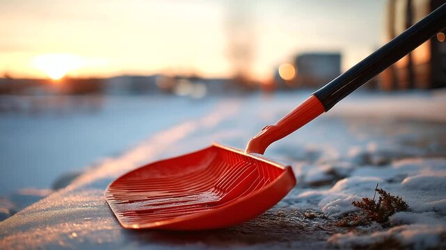Red snow shovel intentionally heavily defocused in close up faceless abstract composition soft focus winter tool bokeh effect with red tones abstract snow removal equipment con