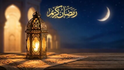 Elegant Ramadan Kareem lantern artwork with soft shadows, traditional patterns, cultural beauty, peaceful ambiance, night blessings, spiritual warmth