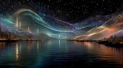 Abstract digital art of a futuristic city skyline reflected in water under a starry sky image photo