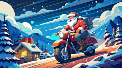 Very beautiful dynamic winter illustration of Santa Claus riding a motorbike through a snowy storm, creating an adventurous and energetic holiday scene ideal for festive art and posters.