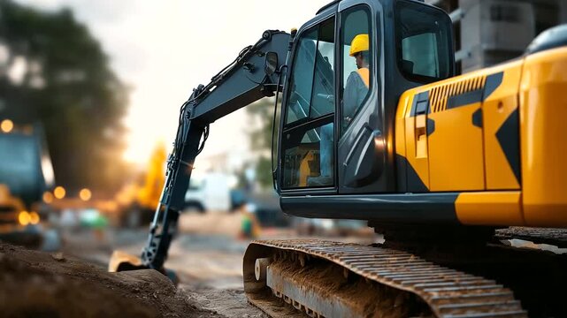 Track type loader excavator in operation faceless operator barely visible defocused construction site background caterpillar tracks in foreground detail earthmoving work in pro