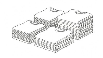 Charity fundraiser t-shirts arranged in neat stacks, minimalistic monoline style, clean duotone illustration on pure white background for nonprofit campaigns and events