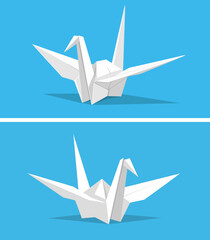 Origami crane folded paper sculpture on blue background,vectoor, set