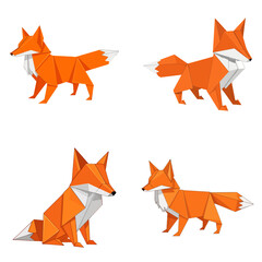 Origami fox paper art set in orange and white colors with shapes  