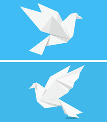 Paper dove origami model in white against blue background, International Day of Peace, vector, set   
