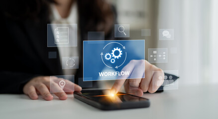 Workflow optimization concept featuring interconnected gears, task management, collaboration, process mapping, review, and automation for business productivity and efficiency Latch