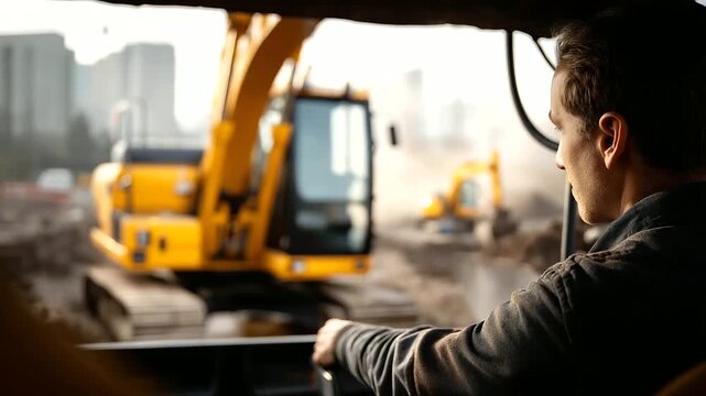 Yellow tracked excavator at active construction site faceless operator silhouette in cabin defocused earthmoving operation in background bucket attachment visible in foreground