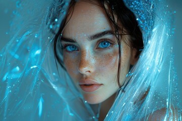 A woman with striking blue eyes peeks from behind a delicate translucent blue veil, creating a sense of mystery and intrigue.