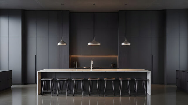 Minimalist dark kitchen design with white countertop island and modern pendant lights illuminating the space, creating a sophisticated and elegant interior - Powered by Adobe