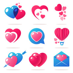 Set of romantic heart icons and symbols. Colorful badge designs on the theme of relationships and love. Ideal for Valentine's Day concepts, stickers, posters, promotions.