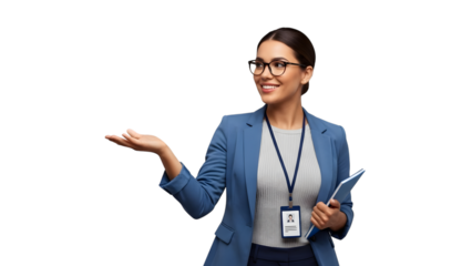 Young professional showing open hand isolated on transparent background