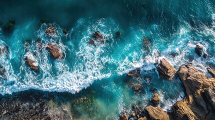 The scene shows waves crashing against rocky formations along the shore. The water is blue and clear and sunlight creates reflections on the ocean's surface in the middle of the day.