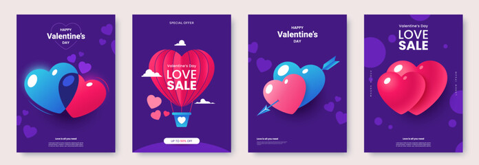 Collection of Valentines Day posters with vibrant heart illustrations in blue, pink, and red tones on deep purple background. Love greeting card set. Ideal for promotion, advertisement, banner.