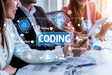 A collaborative coding session featuring team members engaged in software development, surrounded by digital interface elements, demonstrating effective teamwork in a professional setting. Tessel