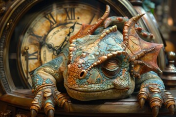 A stunning close-up photograph showcasing a fantastical creature with reptilian scales and ornate horns. The creature is posed on an aged, antique clock face, creating a surreal and captivating image.