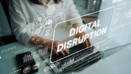 Hands typing on a laptop with digital disruption graphics and data analysis elements in a modern workspace setting. Asymptotic smart data analytic.