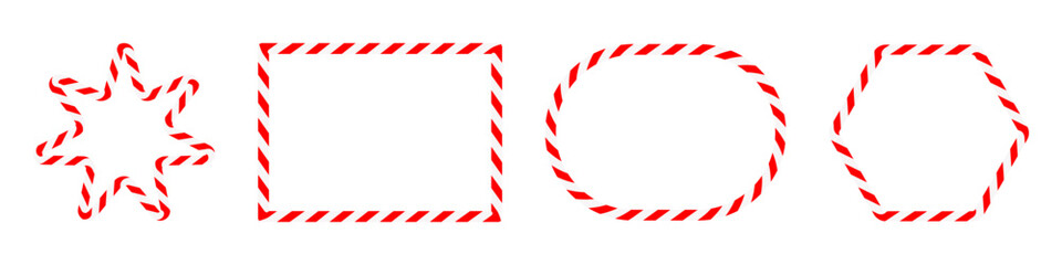 Collection red and white candy cane striped geometric outlines, including squares, ovals, stars and hexagon.Festive set for Christmas design, holiday decor or seasonal graphics