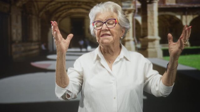 Elderly woman raises hands with open palms and smiles in a cloister courtyard beneath stone arches; storytelling warmth.