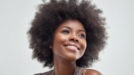 A woman with curly hair smiles while looking to the side. She is in a studio with soft light enhancing her features creating a joyful atmosphere.