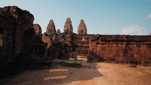 Ancient stone ruins of pre rup temple, a hindu temple in angkor, cambodia. Famous landmark and tourist destination in siem reap. Archeology concept.